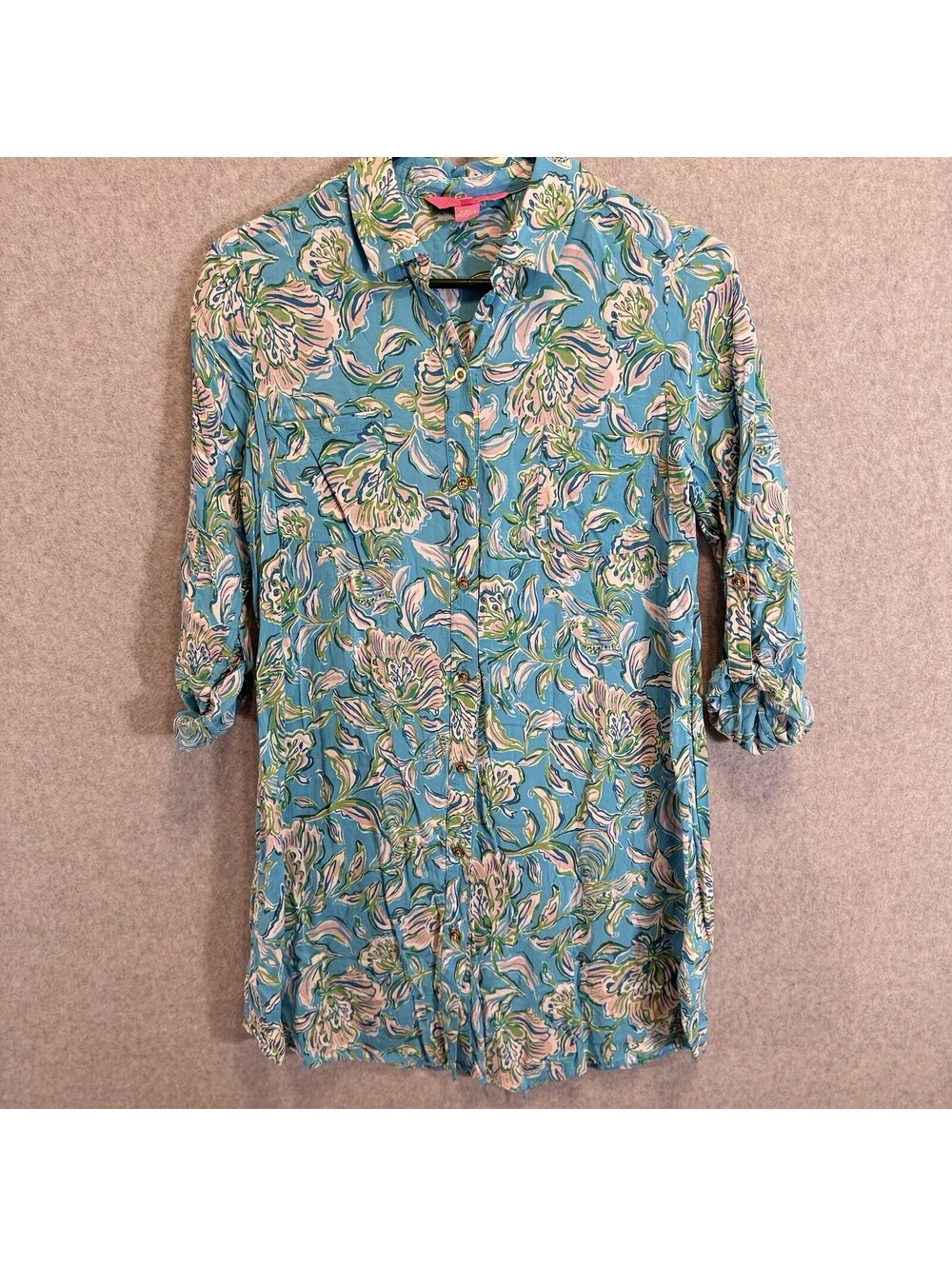 Lilly Pulitzer Womens XS Natalie Shirt Dress Easy Coverup Turquoise Blue Floral